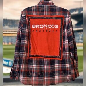 Upcycled BRONCOS Orange Distressed Plaid Flannel Shirt